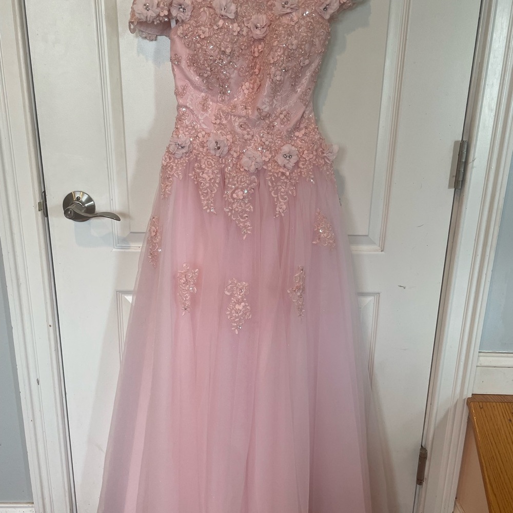 Pink off shoulder tulle long formal dress